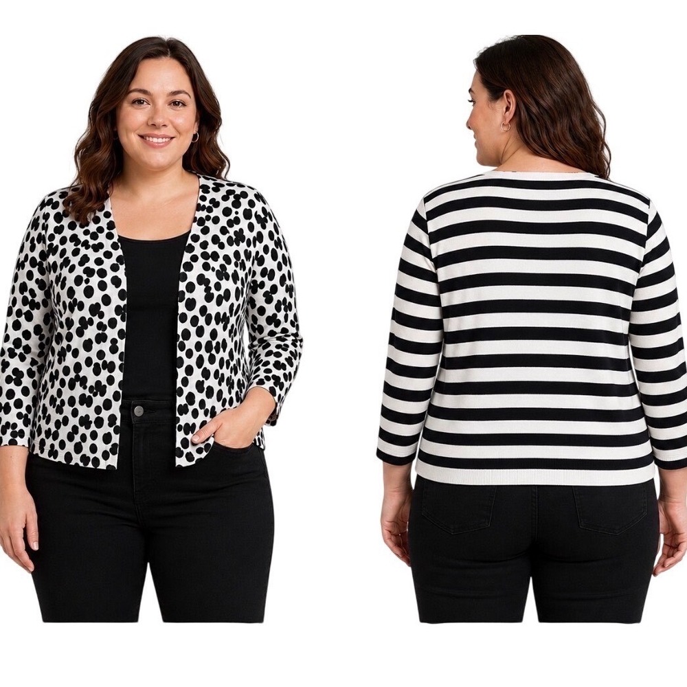 JOSEPH A Womens Fits Large Black White Polka Dot Striped Animal Cardigan